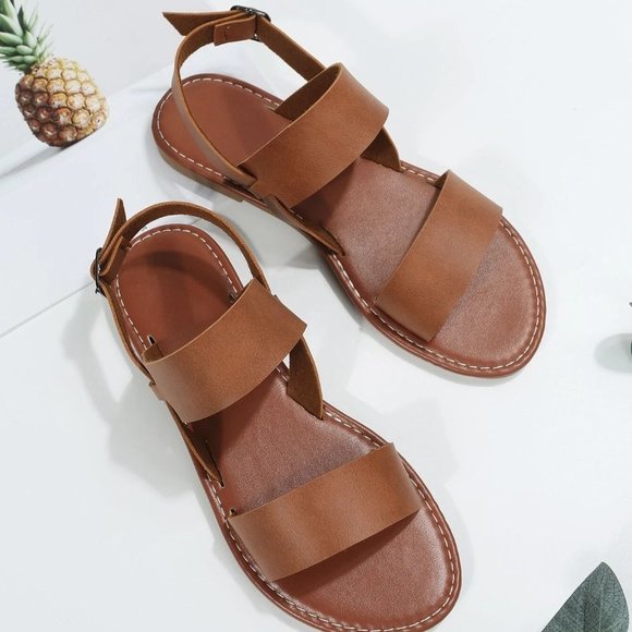 Brown Boho Women Twin Strap Artificial Leather Open Toe Ankle Strap Sandals - Picture 5 of 5
